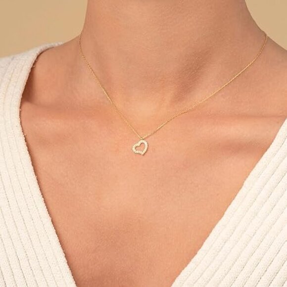 Neiman Marcus 14K Gold Plated CZ Slanted Heart Necklace - Picture 1 of 4